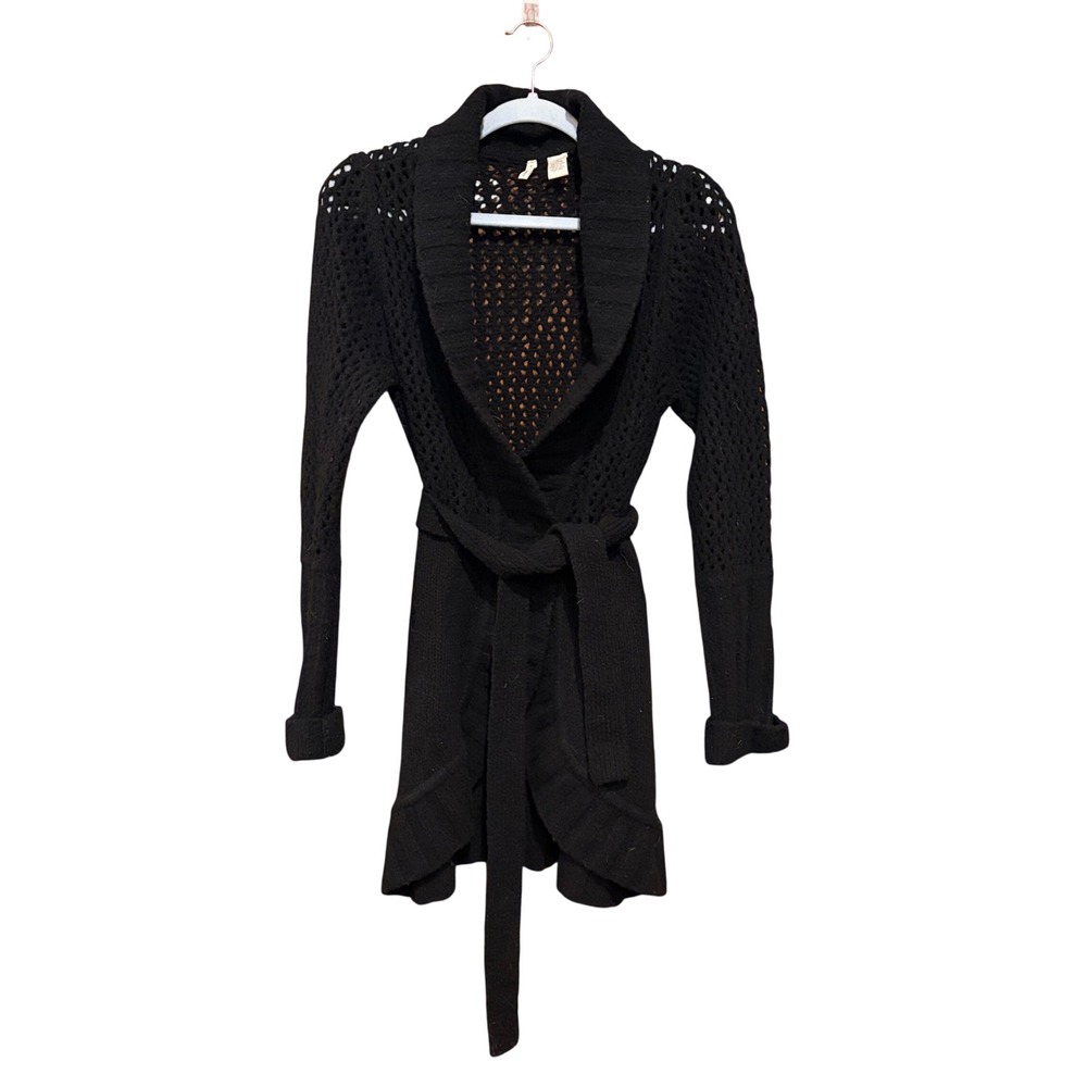 Moth Anthropologie Black Wool Blend Knit Fish net Belted Wrap Cardigan Sweater M